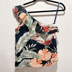 Ann Taylor One Shoulder Asymmetrical Ruffle Blouse Women’s Small Tropical Top
